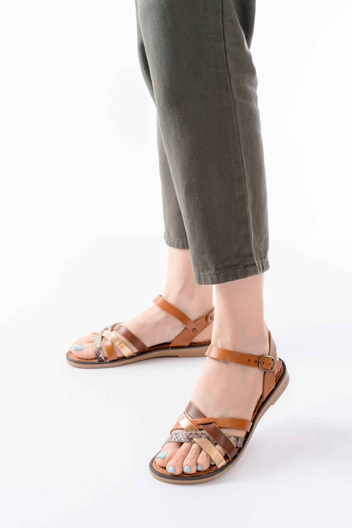 Ayakkabı Aşkı 205-093 Taba Garni Hakiki Deri Ortopedik Taban Kadın Sandalet