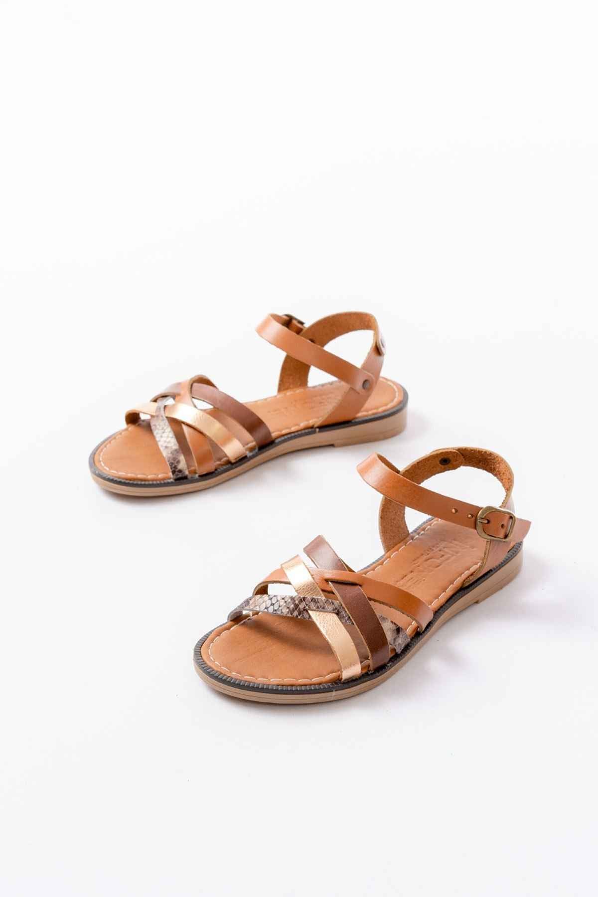 Ayakkabı Aşkı 205-093 Taba Garni Hakiki Deri Ortopedik Taban Kadın Sandalet