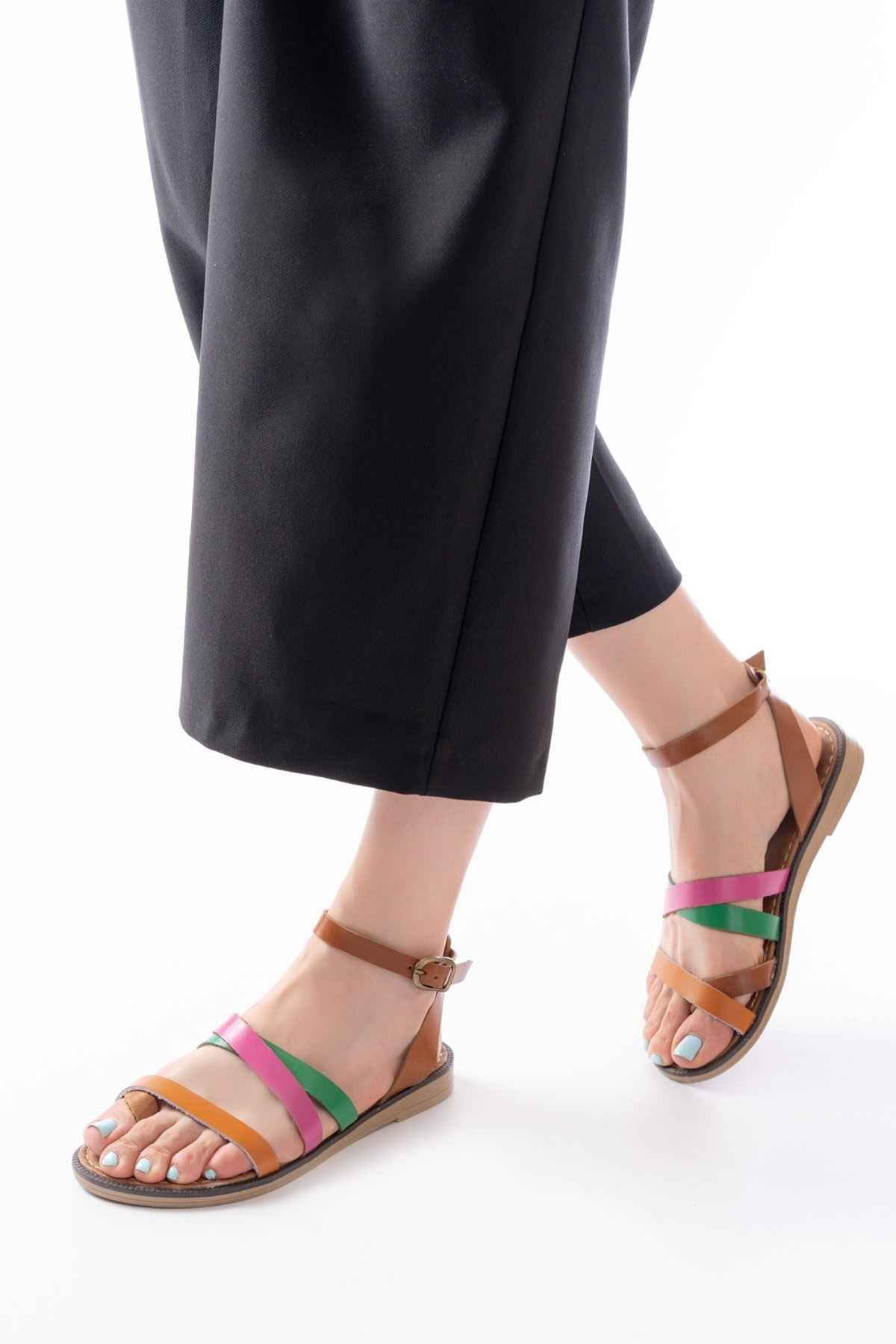 Ayakkabı Aşkı 205-209 Turuncu Multi  Hakiki Deri Tokalı Parmak Arası Kadın Sandalet