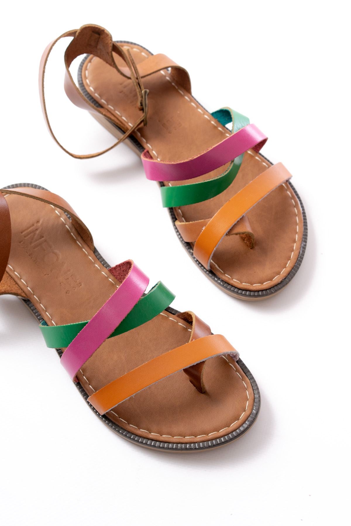 Ayakkabı Aşkı Turuncu Multi Hakiki Deri Tokalı Parmak Arası Kadın Sandalet