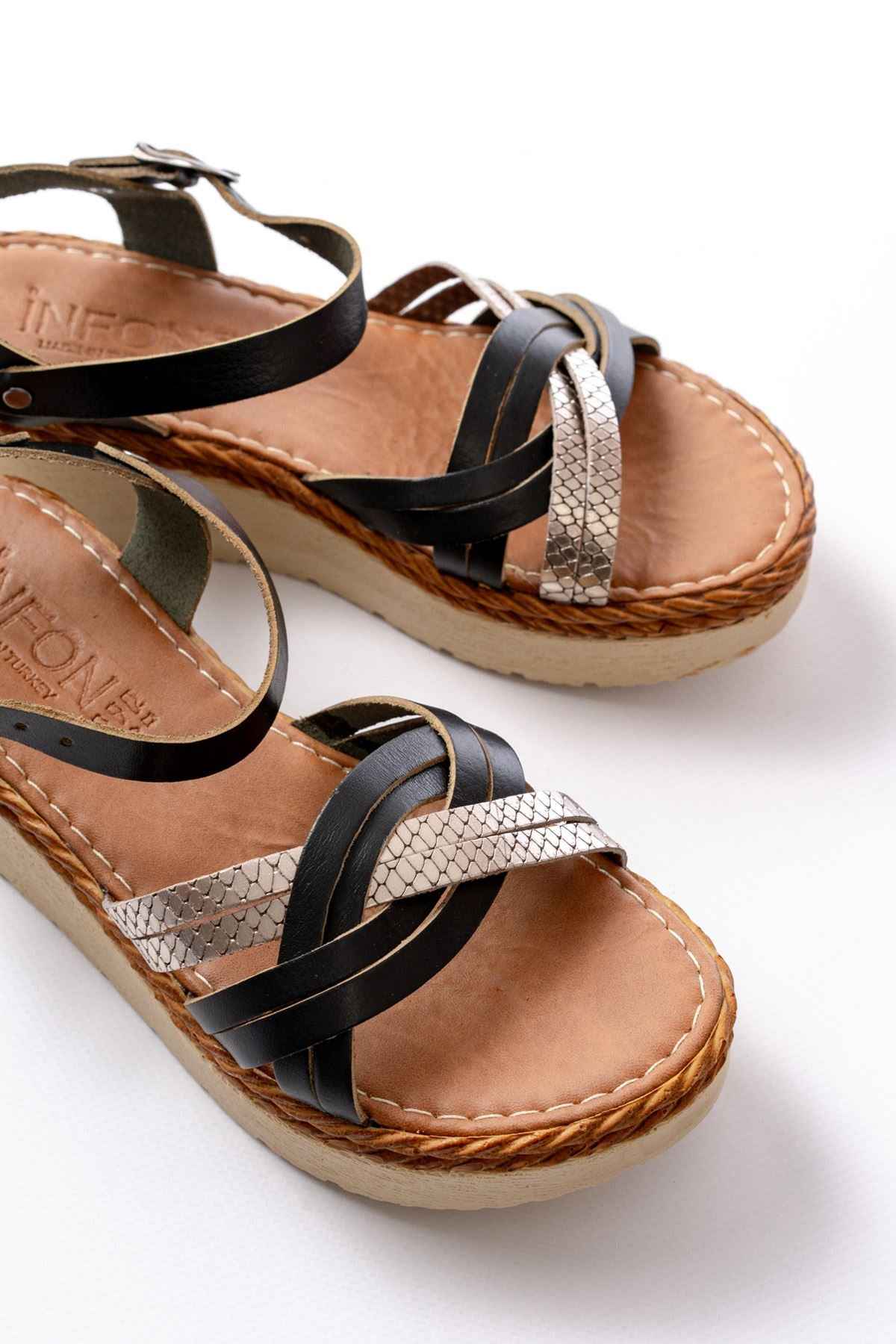 Ayakkabı Aşkı 730-037 Siyah Ayna Hakiki Deri Ortopedik Taban Kadın Sandalet