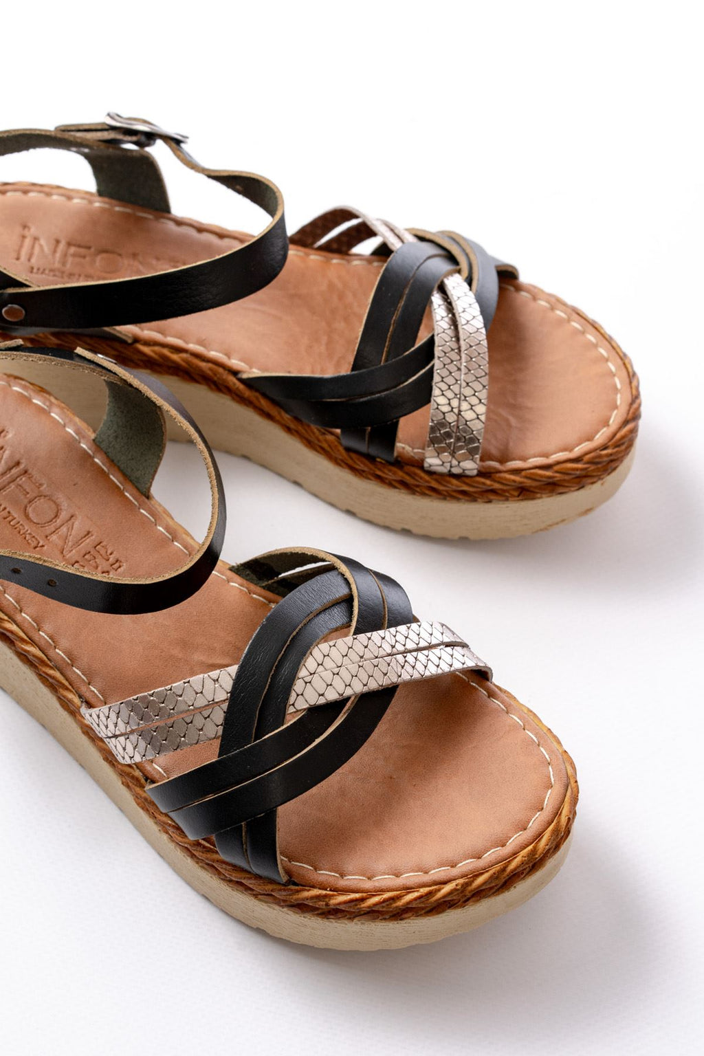 Ayakkabı Aşkı Siyah Ayna Hakiki Deri Ortopedik Taban Kadın Sandalet - Ayakkabı Aşkı