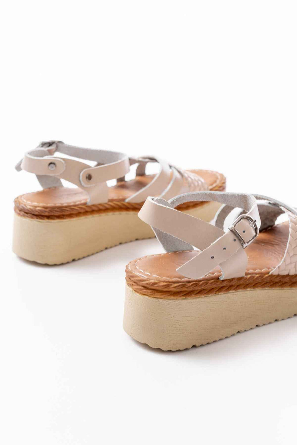 Ayakkabı Aşkı 730-138 Bej Örgü  Hakiki Deri Ortopedik Taban Kadın Sandalet