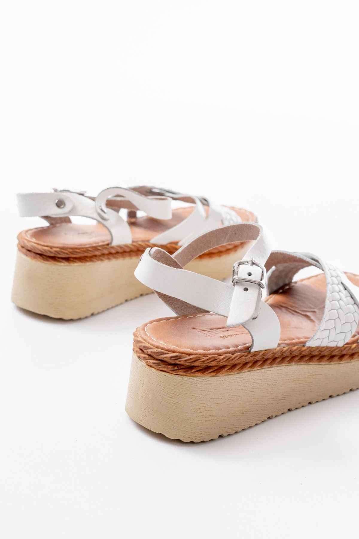 Ayakkabı Aşkı 730-138 Beyaz Örgü Hakiki Deri Ortopedik Taban Kadın Sandalet