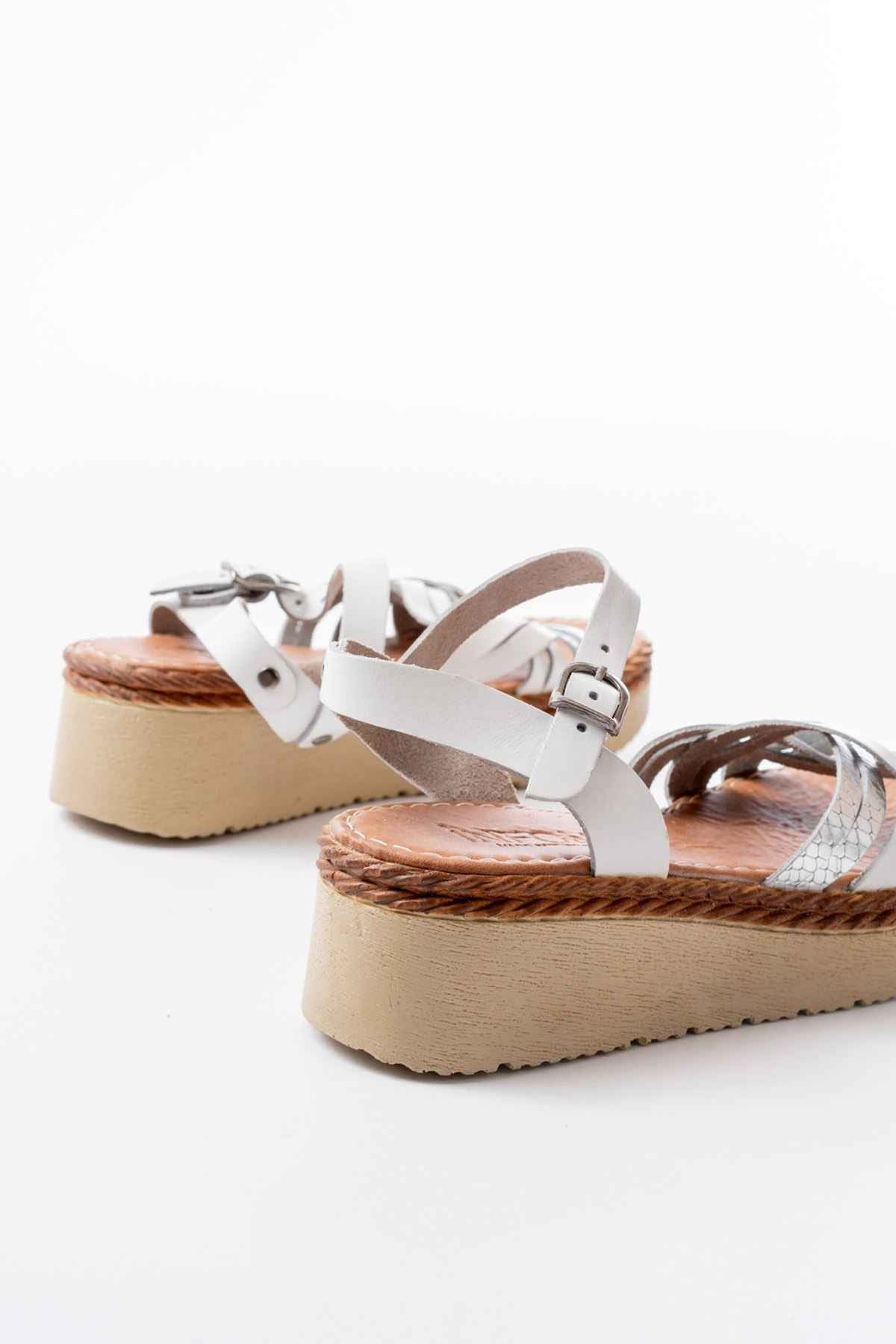 Ayakkabı Aşkı 730-037 Beyaz Ayna Hakiki Deri Ortopedik Taban Kadın Sandalet