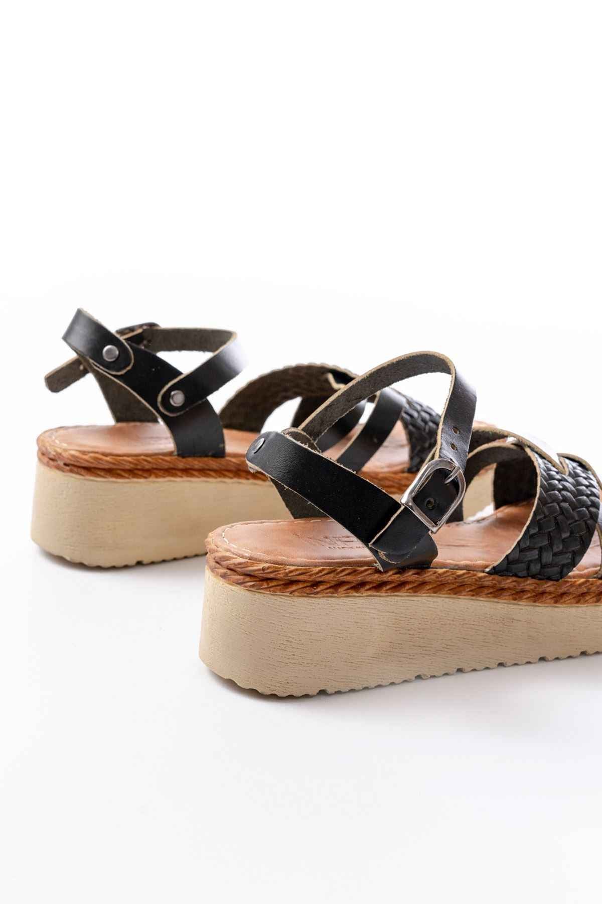 Ayakkabı Aşkı 730-138 Siyah Örgü Hakiki Deri Ortopedik Taban Kadın Sandalet