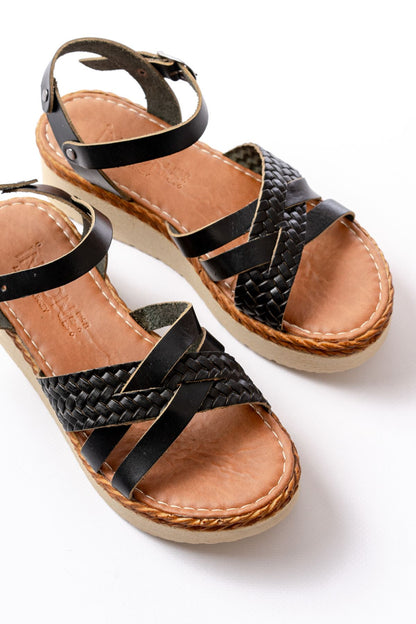 Ayakkabı Aşkı Siyah Örgü Hakiki Deri Ortopedik Taban Kadın Sandalet