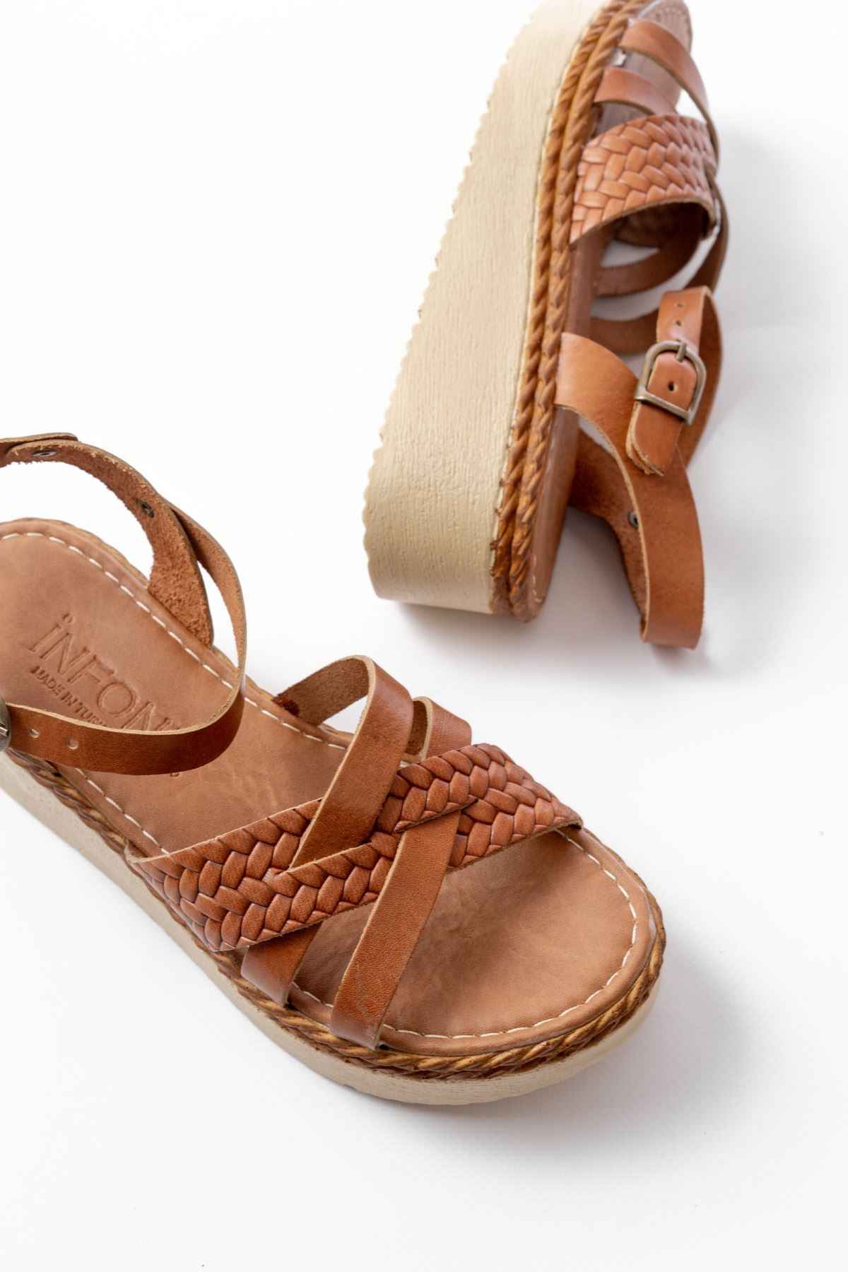 Ayakkabı Aşkı 730-138 Taba Örgü Hakiki Deri Ortopedik Taban Kadın Sandalet