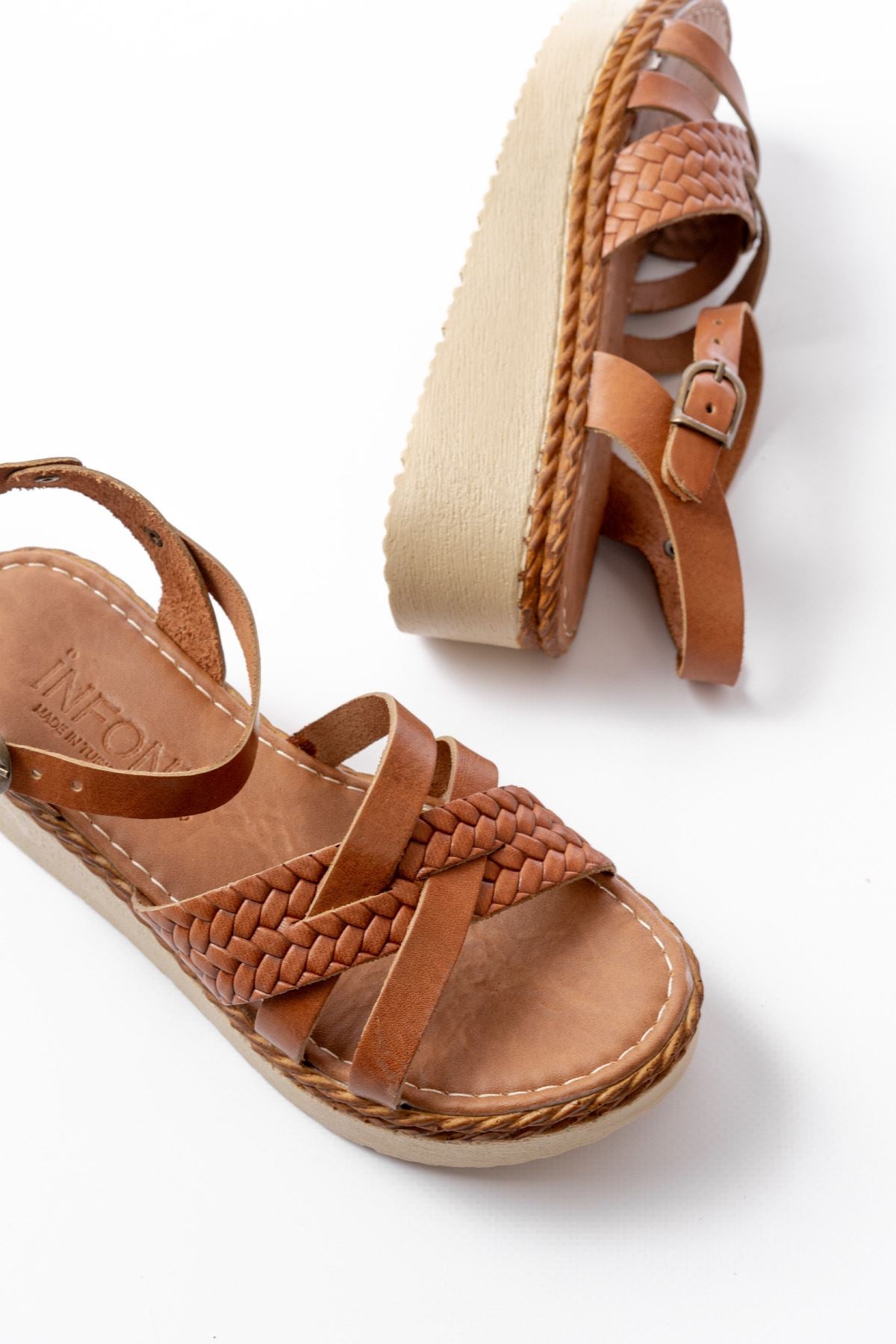 Ayakkabı Aşkı Taba Örgü Hakiki Deri Ortopedik Taban Kadın Sandalet