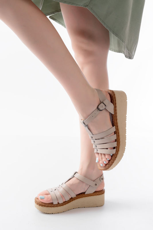 Ayakkabı Aşkı Bej Hakiki Deri Ortopedik Taban Kadın Sandalet