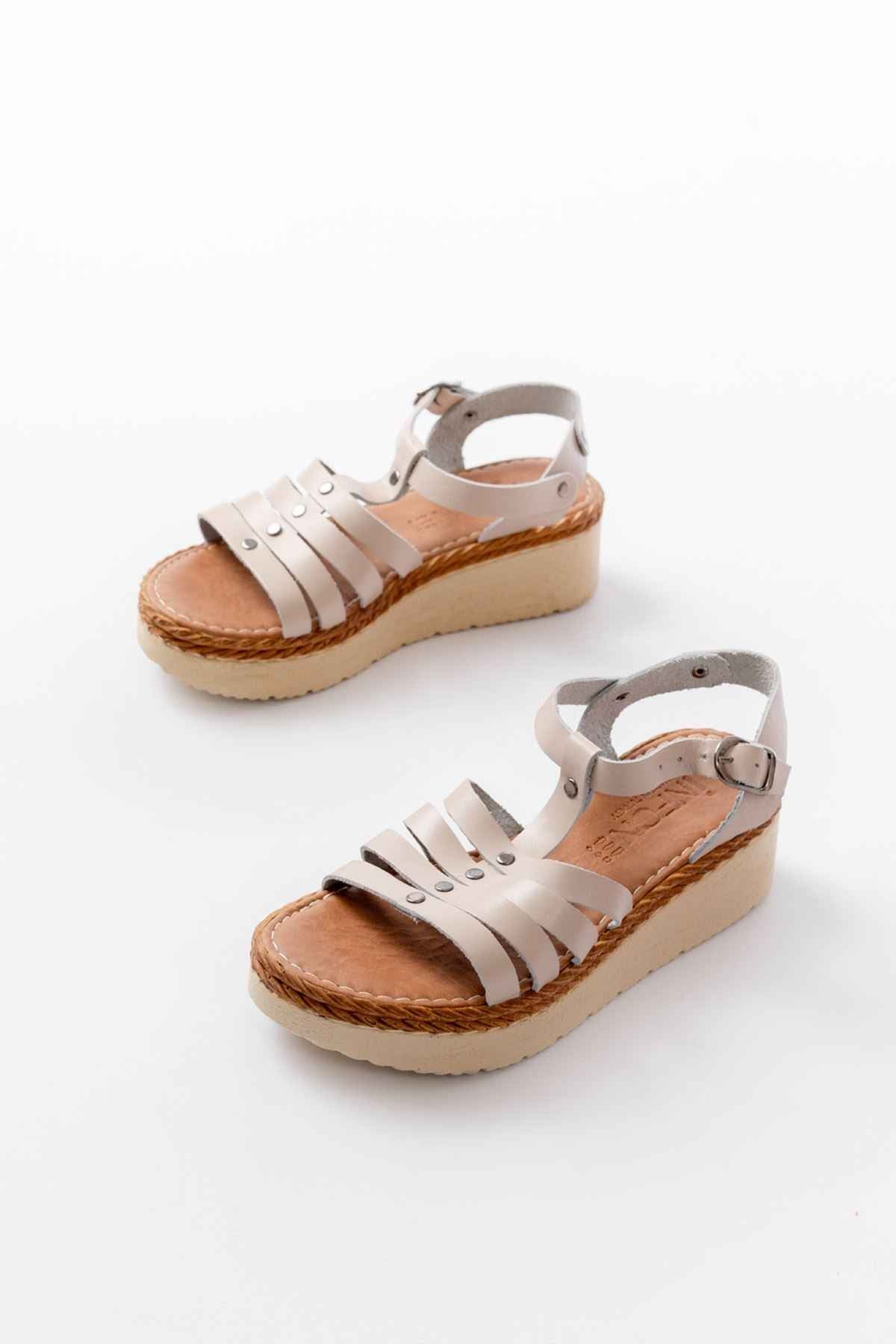 Ayakkabı Aşkı 730-142 Bej Hakiki Deri Ortopedik Taban Kadın Sandalet