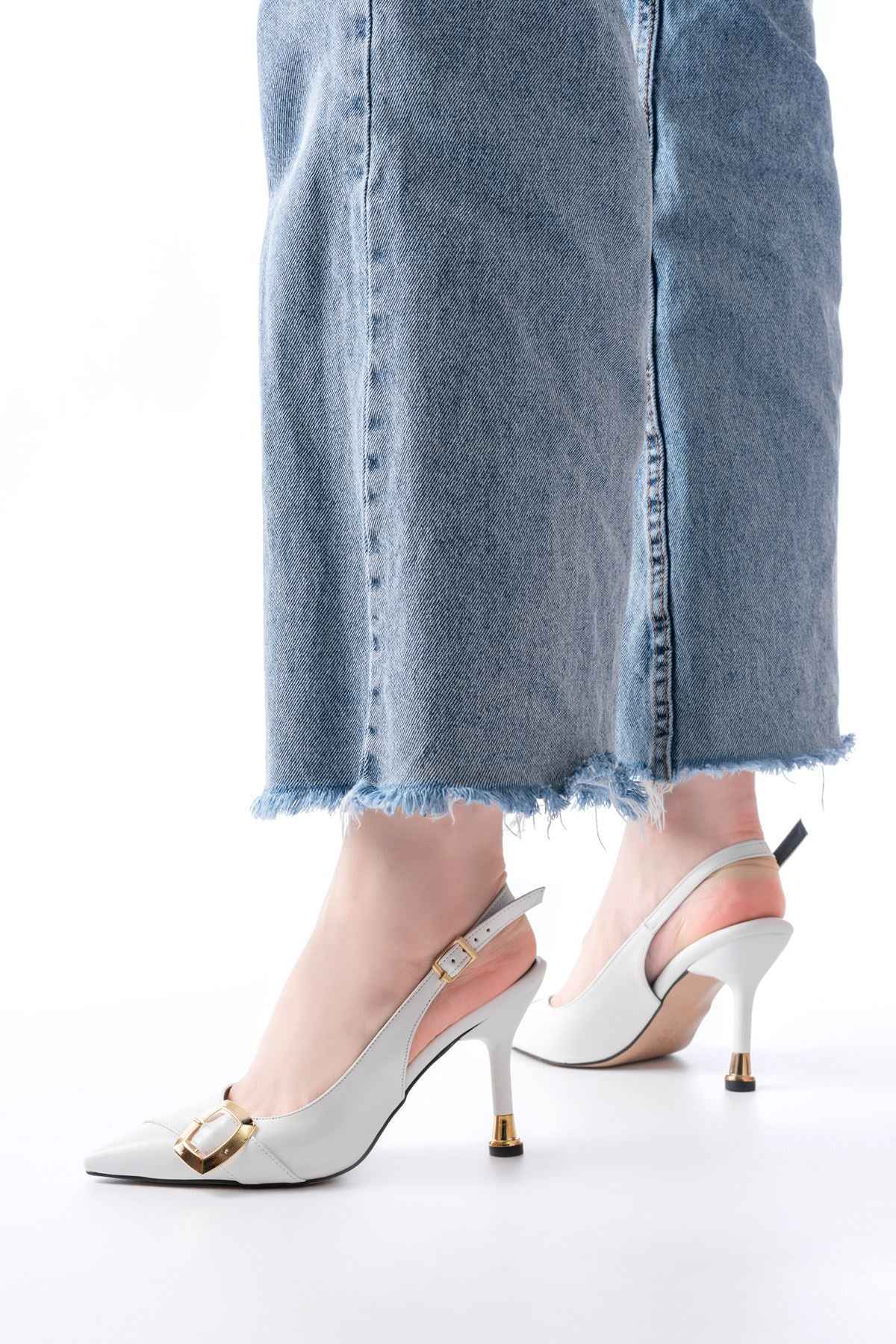 Ayakkabı Aşkı Inf-1151 Beyaz Günlük Arkası Açık Topuklu Bayan Ayakkabı