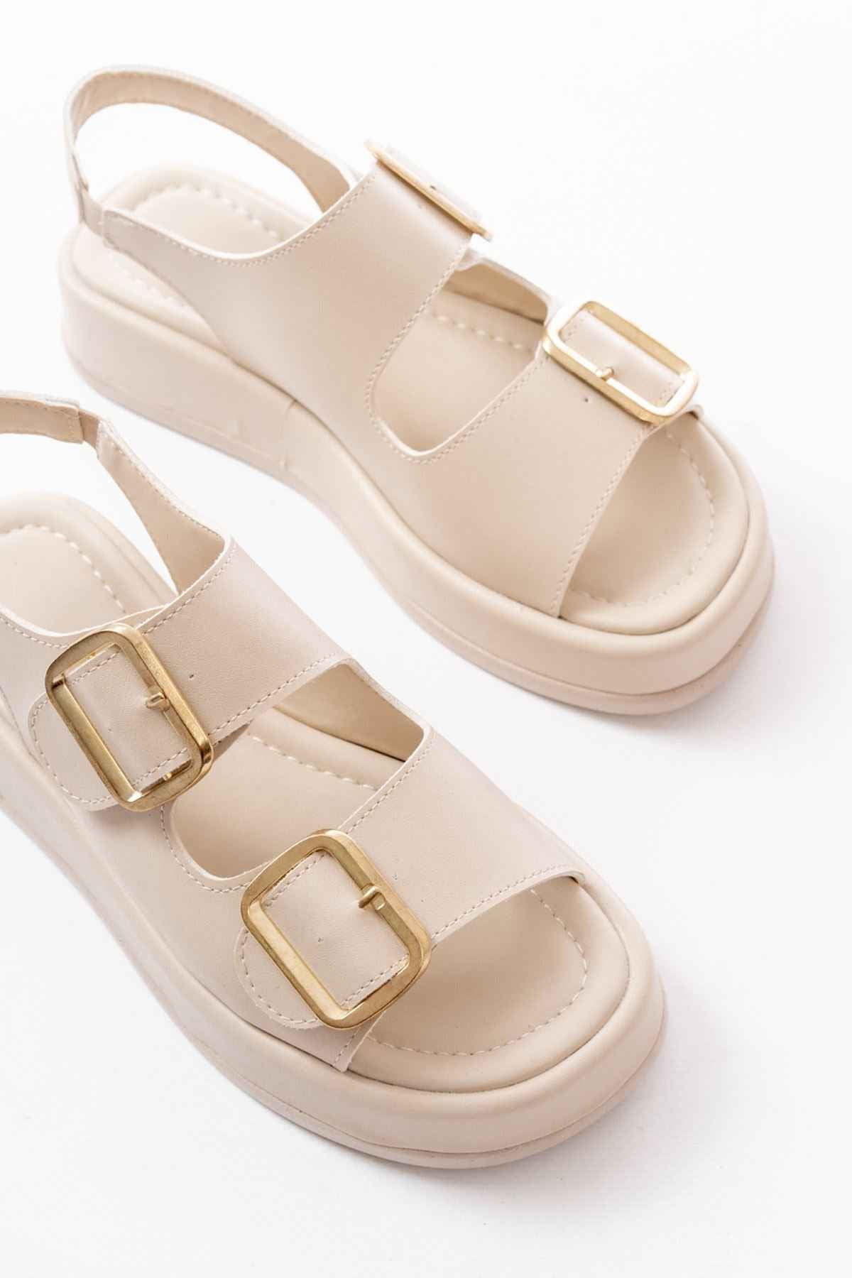 Ayakkabı Aşkı 1187 Bej Dolgu Topuk Lastik Baretli  Kadın Sandalet