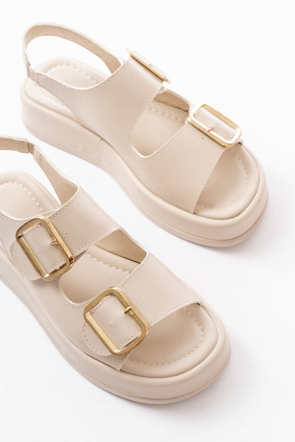 Ayakkabı Aşkı 1187 Bej Dolgu Topuk Lastik Baretli Kadın Sandalet