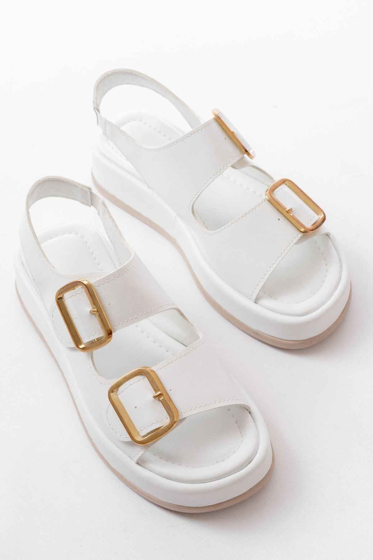 Ayakkabı Aşkı 1187 Beyaz Dolgu Topuk Lastik Baretli  Kadın Sandalet