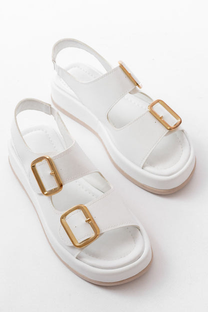 Ayakkabı Aşkı 1187 Beyaz Dolgu Topuk Lastik Baretli Kadın Sandalet