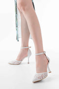 Ayakkabı Aşkı K-404 Beyaz Fileli Çiçek Detaylı  Kadın Topuklu Ayakkabı