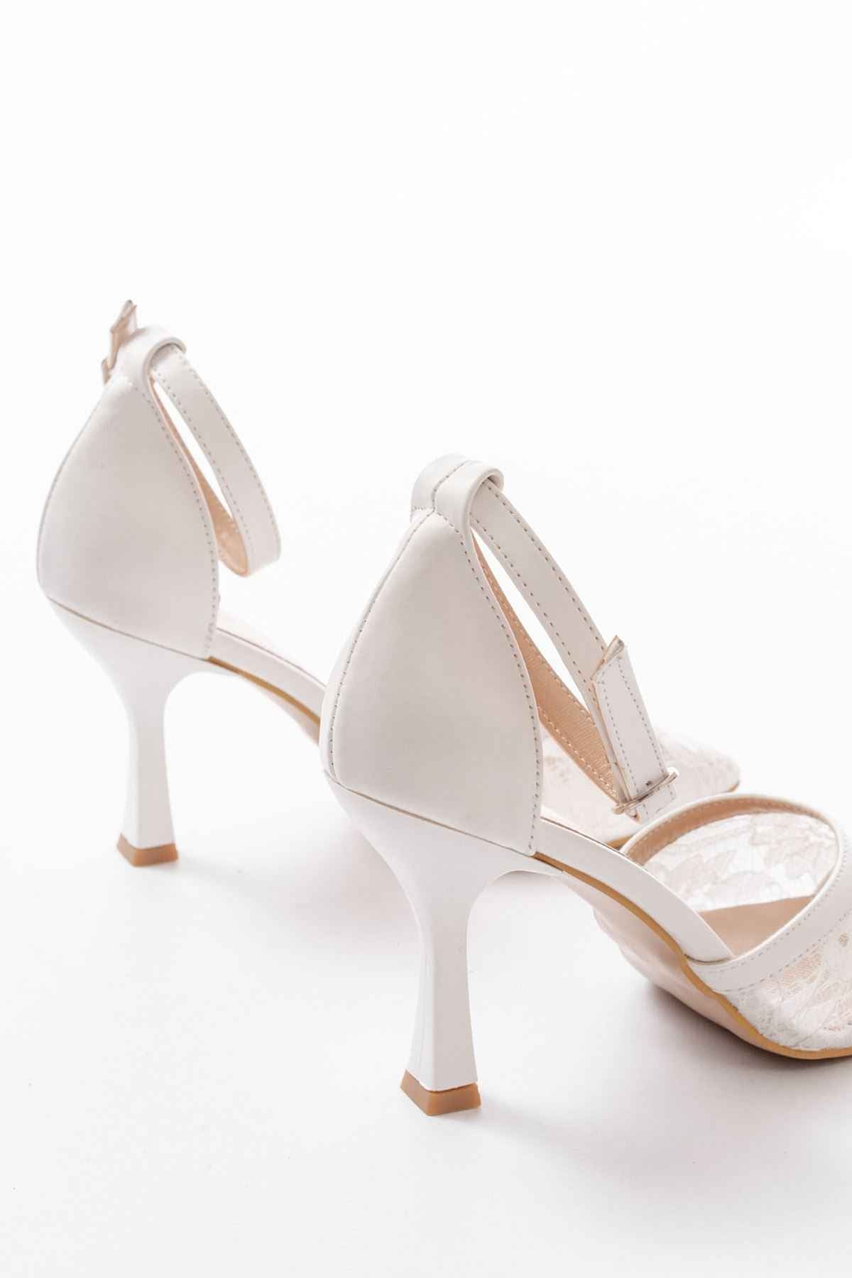 Ayakkabı Aşkı K-404 Beyaz Fileli Çiçek Detaylı  Kadın Topuklu Ayakkabı