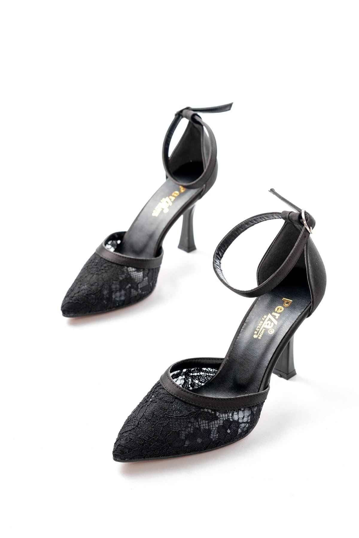 Ayakkabı Aşkı K-404 Siyah Fileli Çiçek Detaylı  Kadın Topuklu Ayakkabı