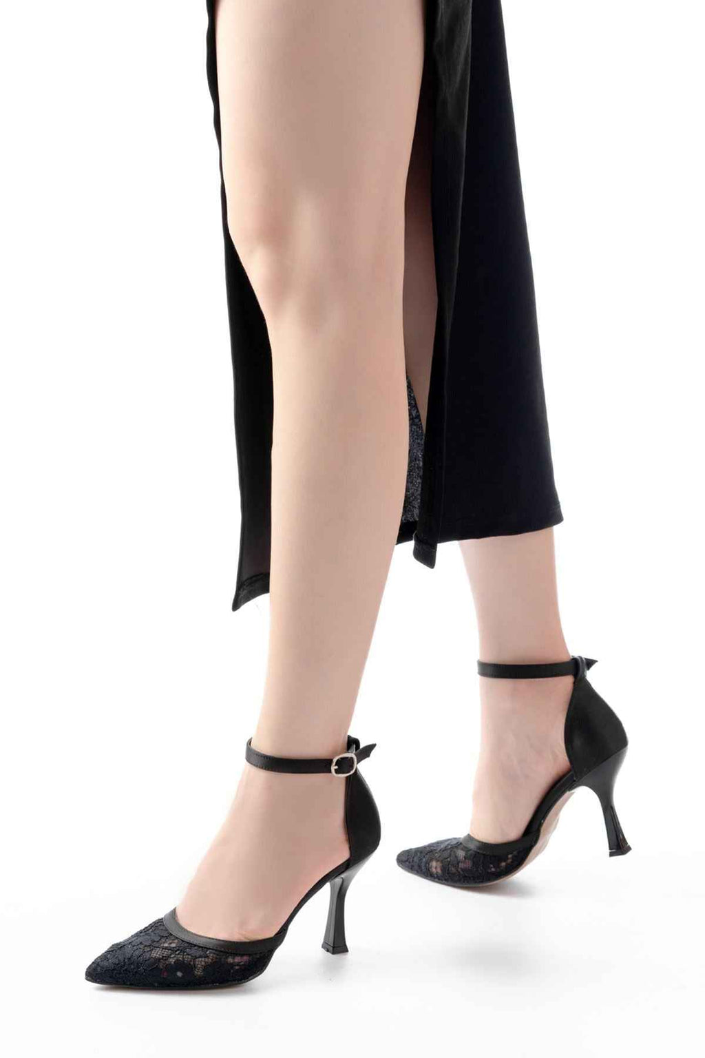 Ayakkabı Aşkı K-404 Siyah Fileli Çiçek Detaylı  Kadın Topuklu Ayakkabı