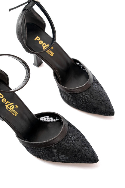 Ayakkabı Aşkı Siyah Fileli Çiçek Detaylı Kadın Topuklu Ayakkabı