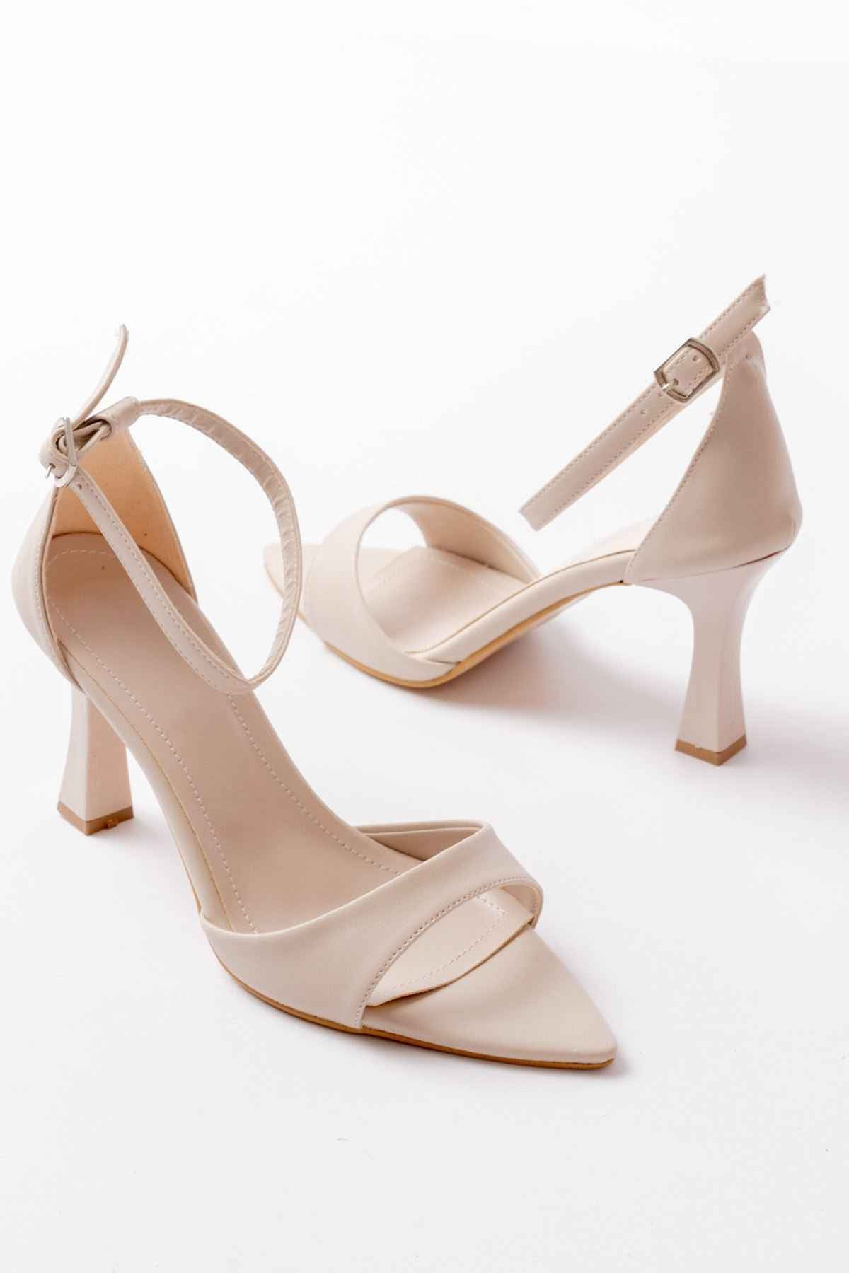 Ayakkabı Aşkı 718 Bej Cilt Sivri Burunlu Topuklu Bilekten Bağlamalı Kadın Ayakkabı