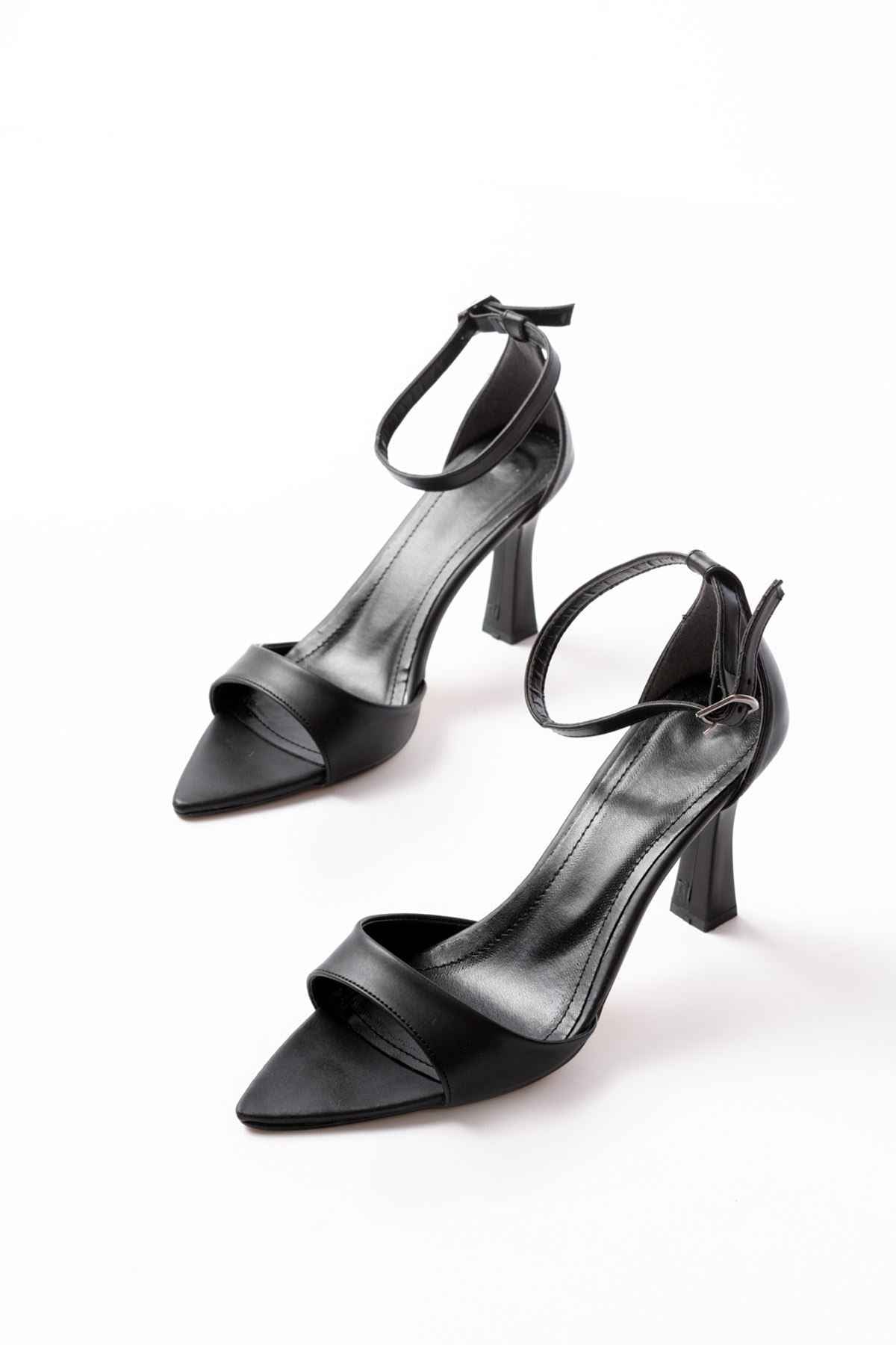 Ayakkabı Aşkı 718 Siyah Cilt Sivri Burunlu Topuklu Bilekten Bağlamalı Kadın Ayakkabı
