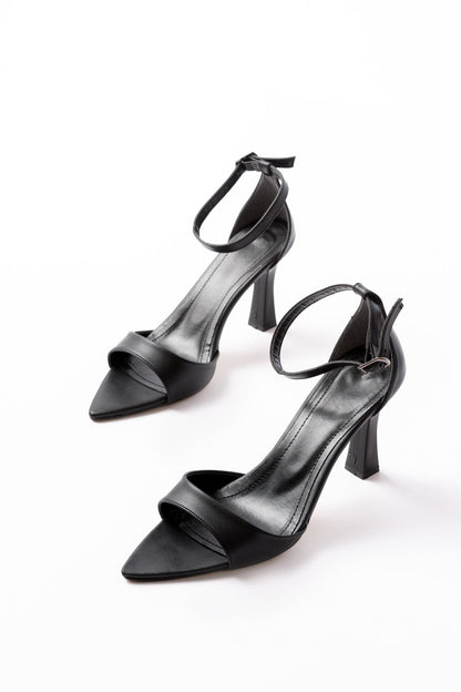Ayakkabı Aşkı 718 Siyah Cilt Sivri Burunlu Topuklu Bilekten Bağlamalı Kadın Ayakkabı