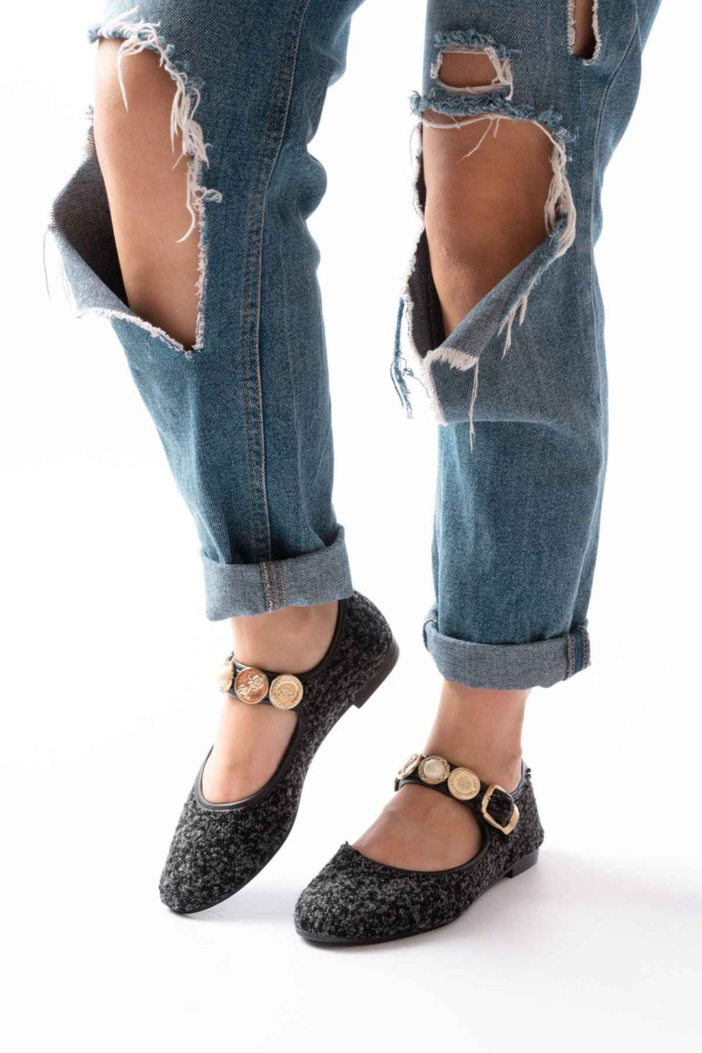 Ayakkabı Aşkı Inf-6363 Siyah Havlu Desenli Baret Tokalı Günlük Bayan Ayakkabı