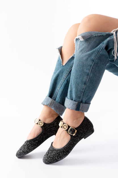 Ayakkabı Aşkı İNF-6363 Siyah Havlu Desenli Baret Tokalı Günlük Bayan Ayakkabı