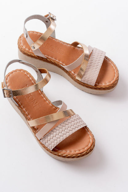 Ayakkabı Aşkı Bej Garni Ortopedik Örgü Desenli Hakiki Deri Dolgu Kadın Sandalet