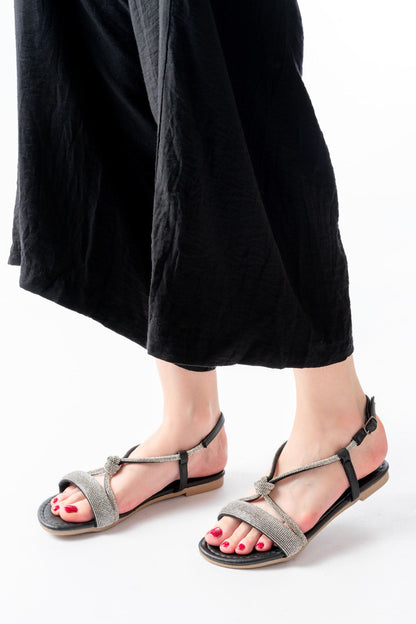 Ayakkabı Aşkı Siyah Gümüş Taşlı Günlük Kadın Sandalet