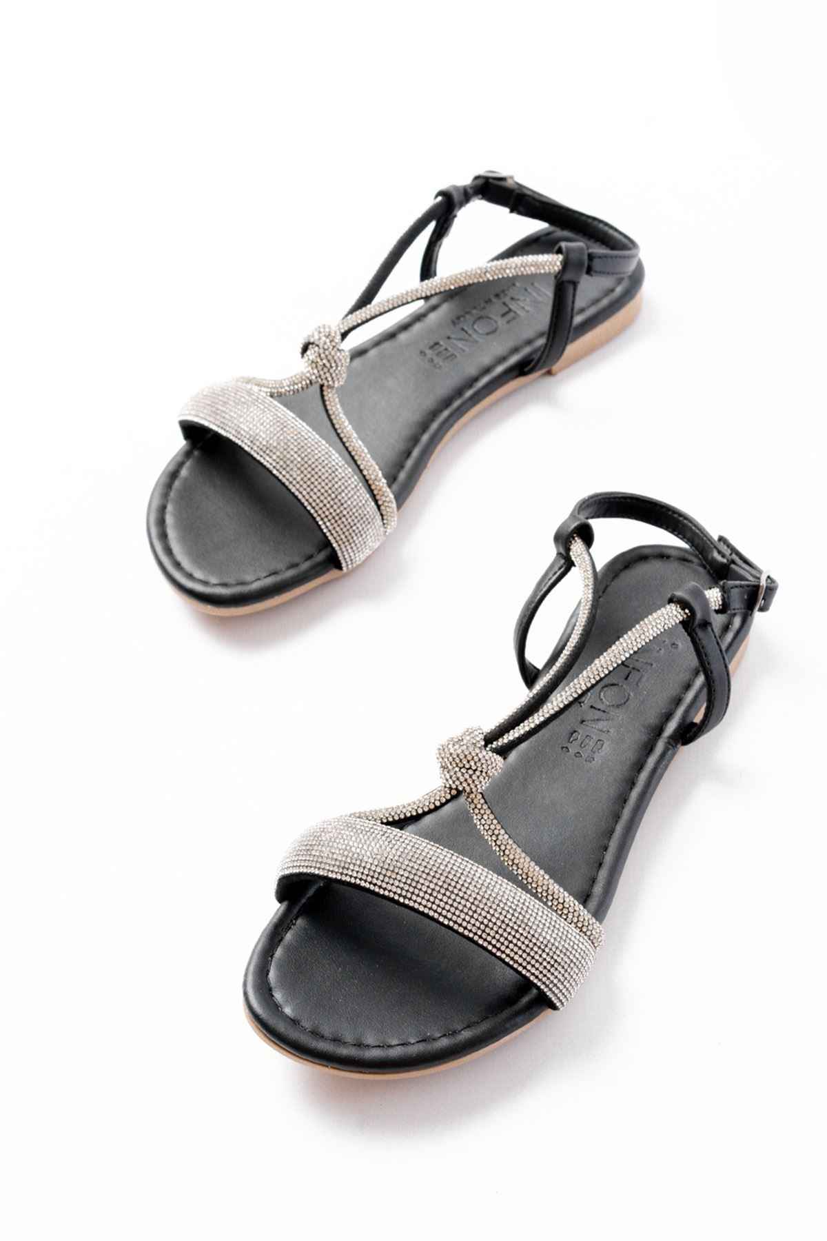 Ayakkabı Aşkı 152-1104 Siyah Gümüş Taşlı Günlük Kadın Sandalet