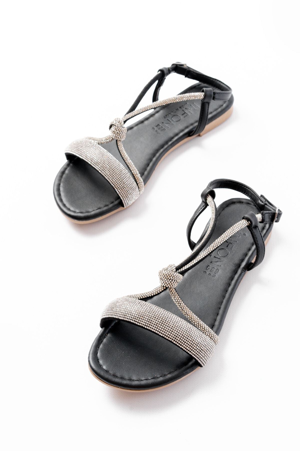 Ayakkabı Aşkı Siyah Gümüş Taşlı Günlük Kadın Sandalet