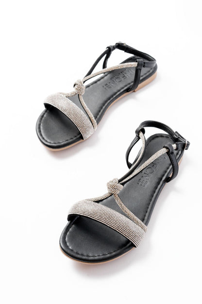 Ayakkabı Aşkı Siyah Gümüş Taşlı Günlük Kadın Sandalet