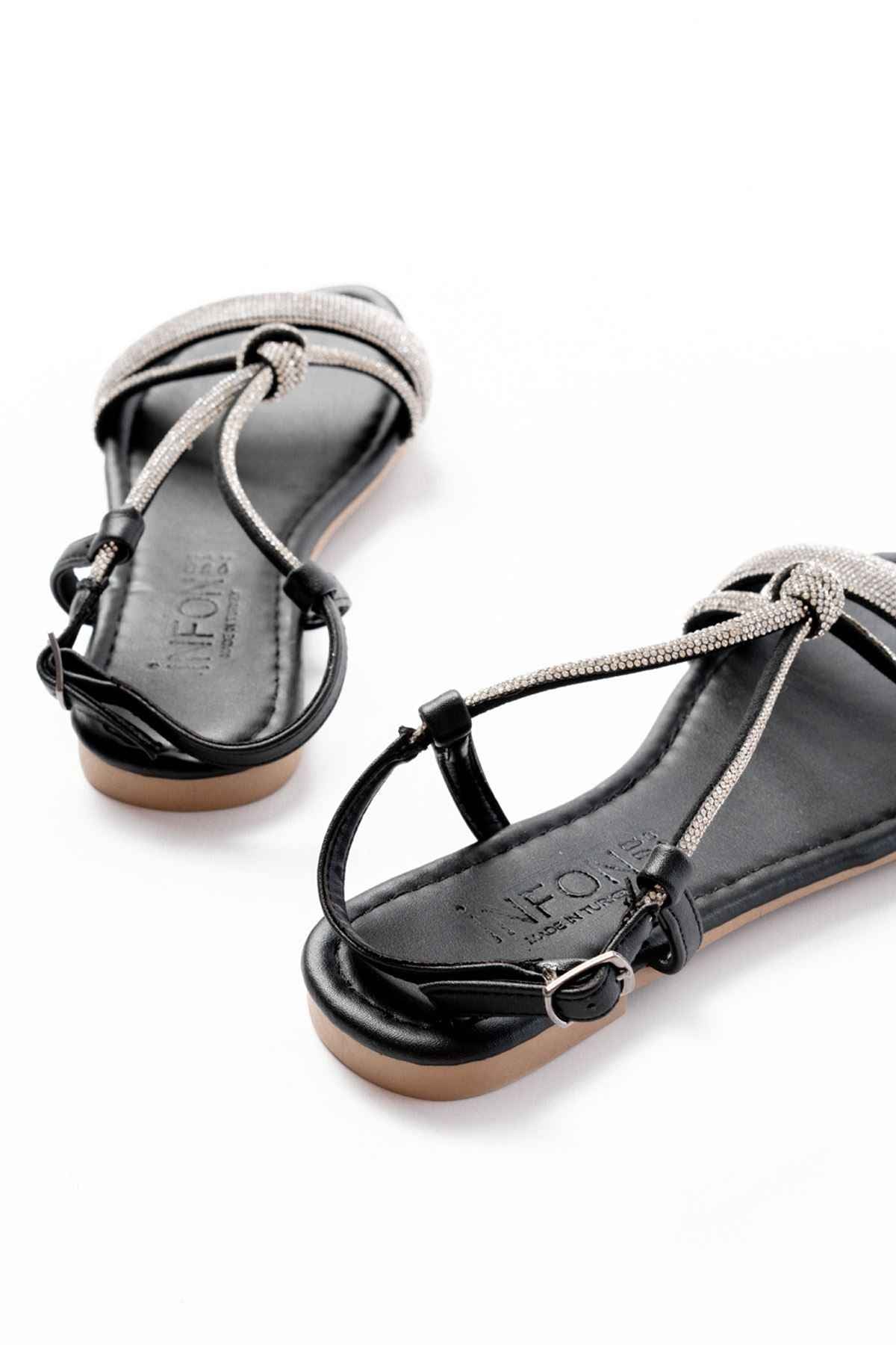 Ayakkabı Aşkı 152-1104 Siyah Gümüş Taşlı Günlük Kadın Sandalet