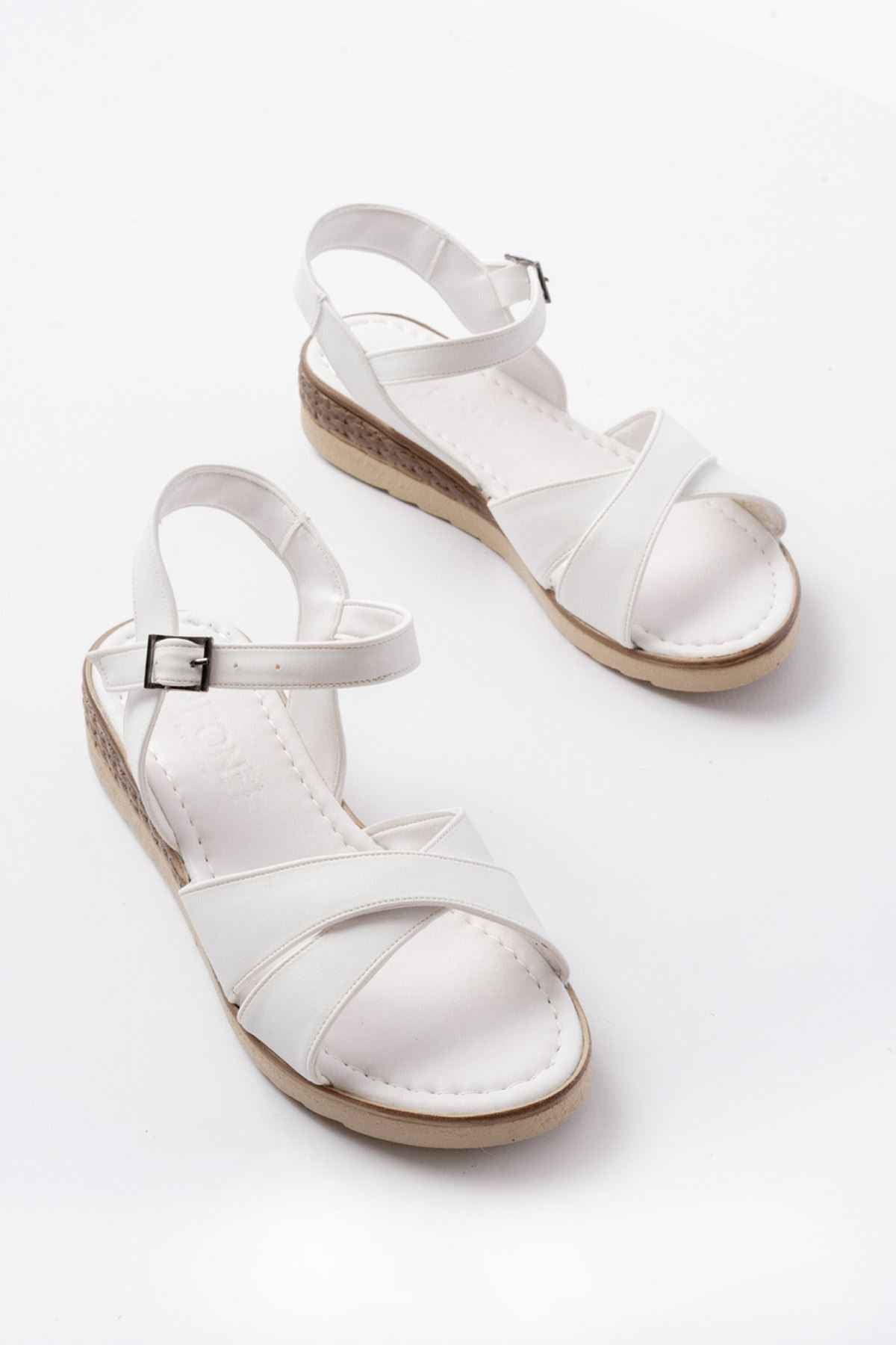 Ayakkabı Aşkı 692-564 Beyaz Ortopedik Taban Çapraz Tokalı Kadın Sandalet