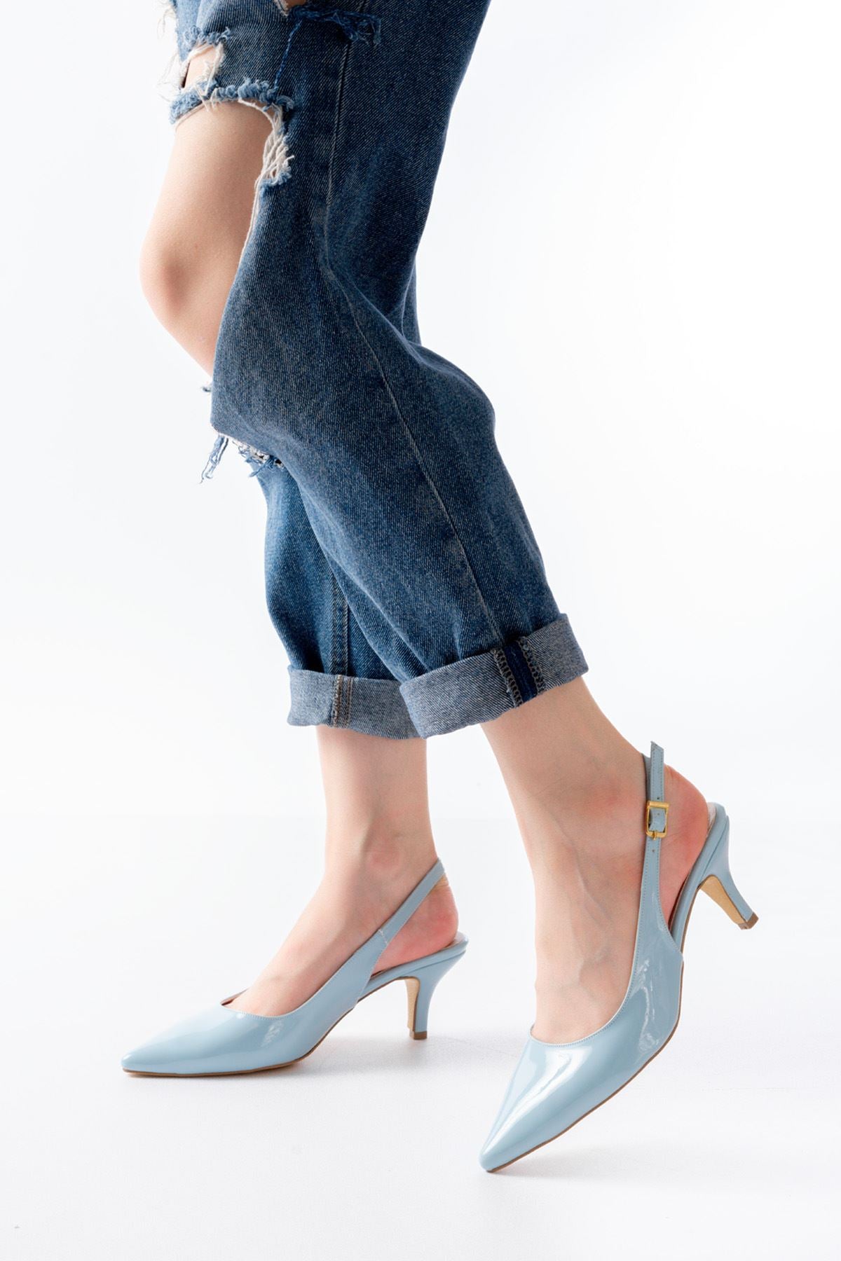 Ayakkabı Aşkı Bebe Mavi Rugan Günlük 7 cm Topuklu Kadın Ayakkabı - Ayakkabı Aşkı