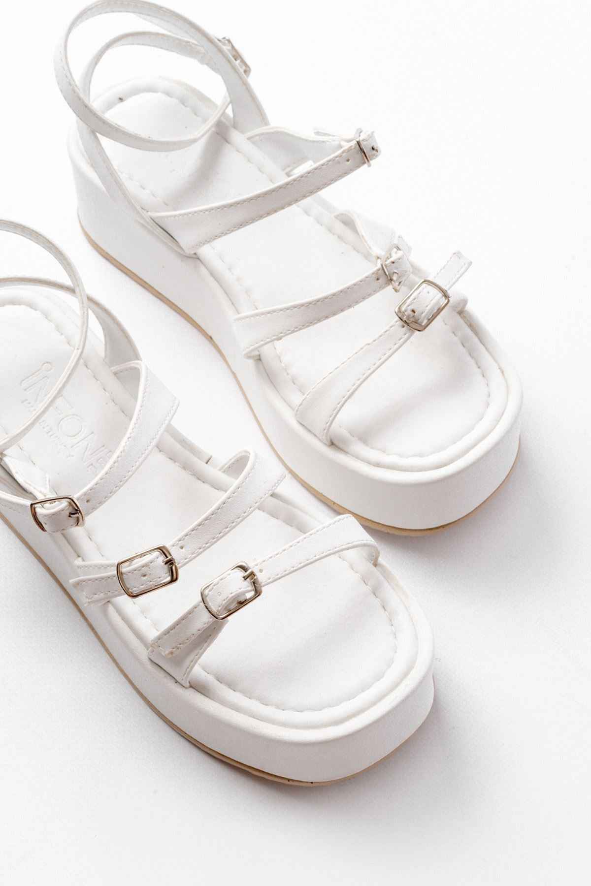 Ayakkabı Aşkı 861-1222 Beyaz Tokalı Bilekten Bağlamalı Dolgu Kadın Sandalet