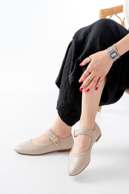 2606 Bej Baretli Günlük Bayan Ayakkabı - Bej