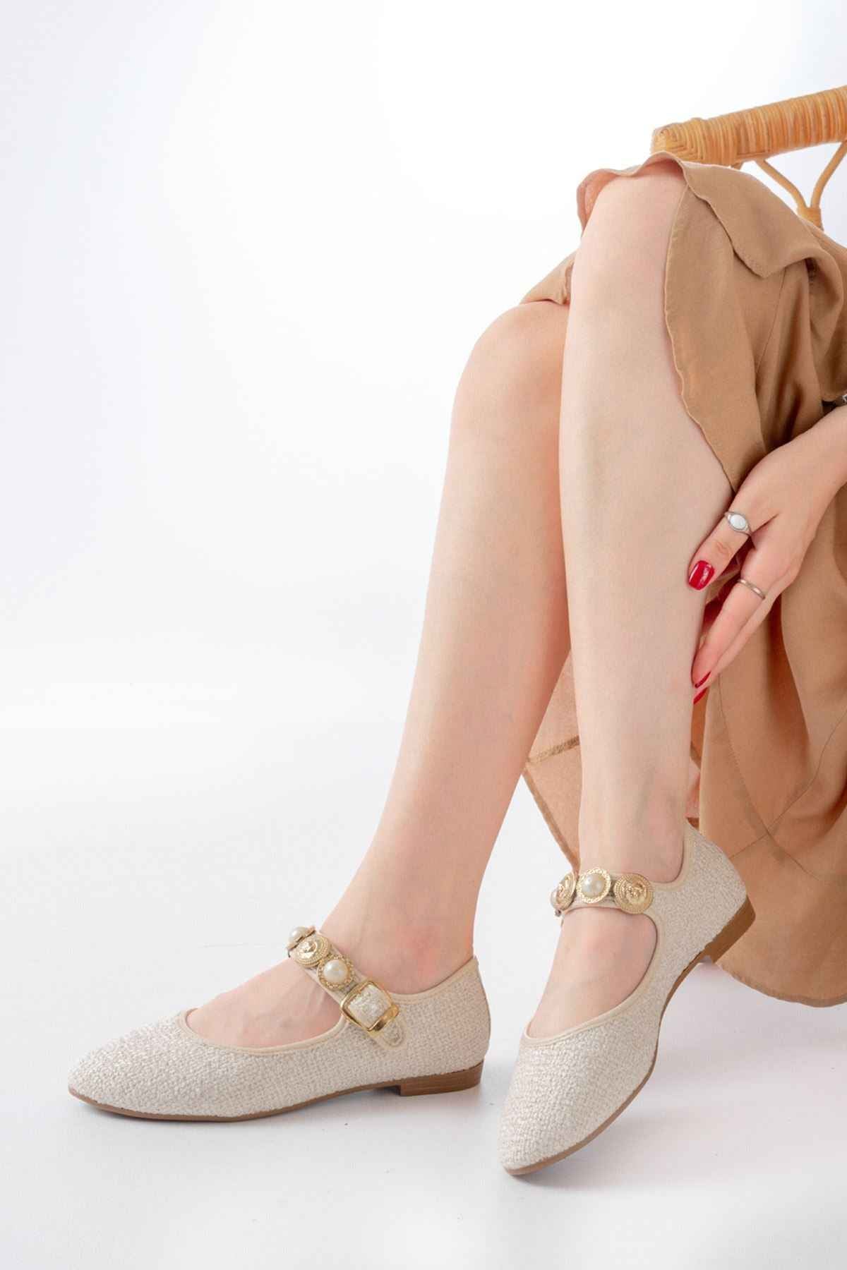 Ayakkabı Aşkı Inf-6363 Bej Havlu Desenli Baret Tokalı Günlük Bayan Ayakkabı
