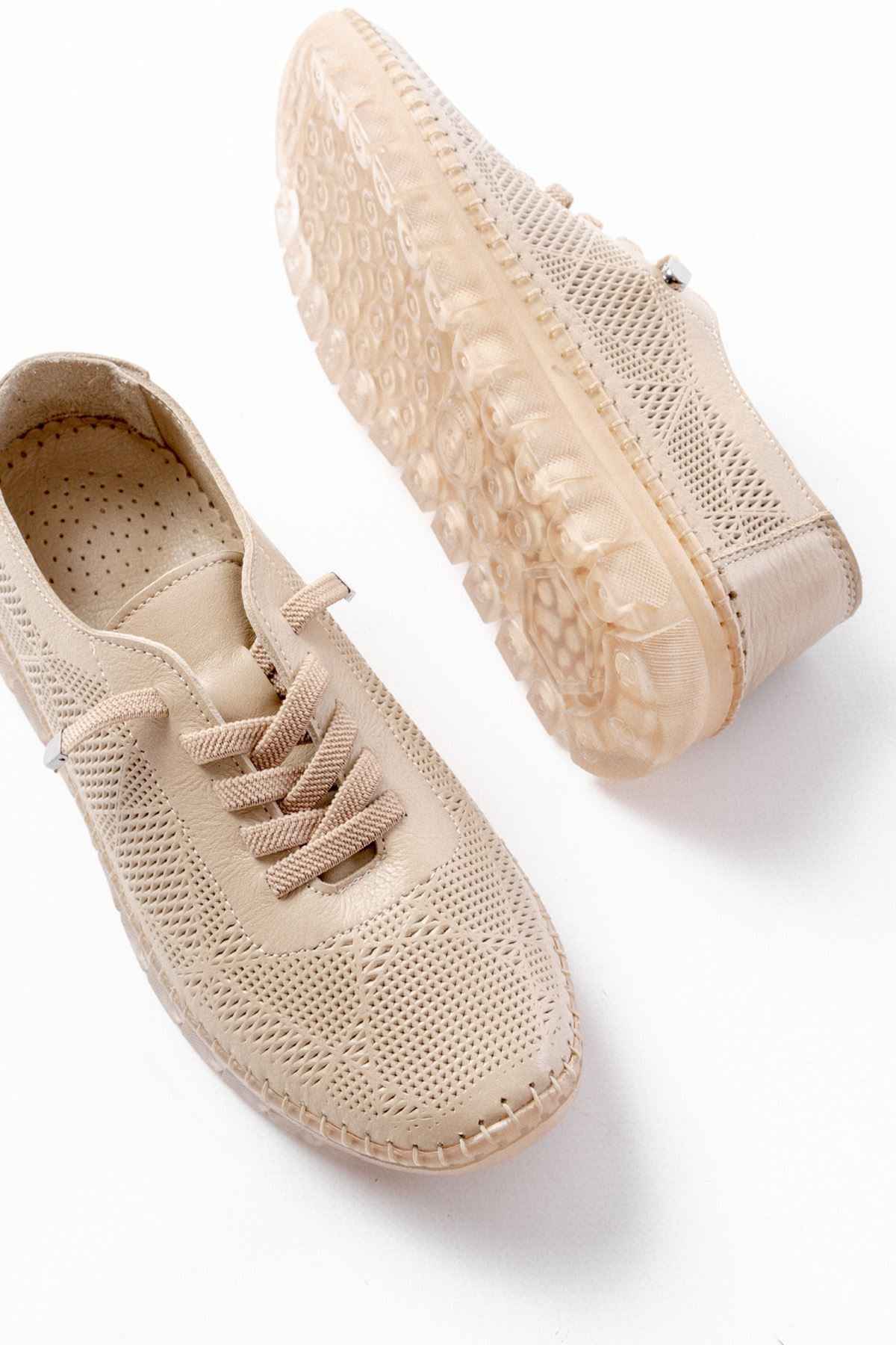 Ayakkabı Aşkı Bej Desenli Hakiki Deri Şeffaf Taban Kadın Spor Ayakkabı