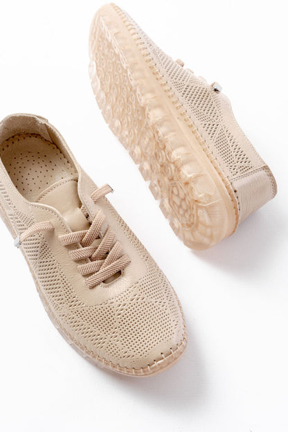 Ayakkabı Aşkı Bej Desenli Hakiki Deri Şeffaf Taban Kadın Spor Ayakkabı