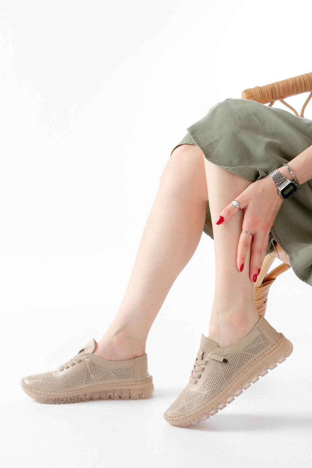 Ayakkabı Aşkı S-365  Bej Desenli Hakiki Deri Şeffaf Taban Kadın Spor Ayakkabı