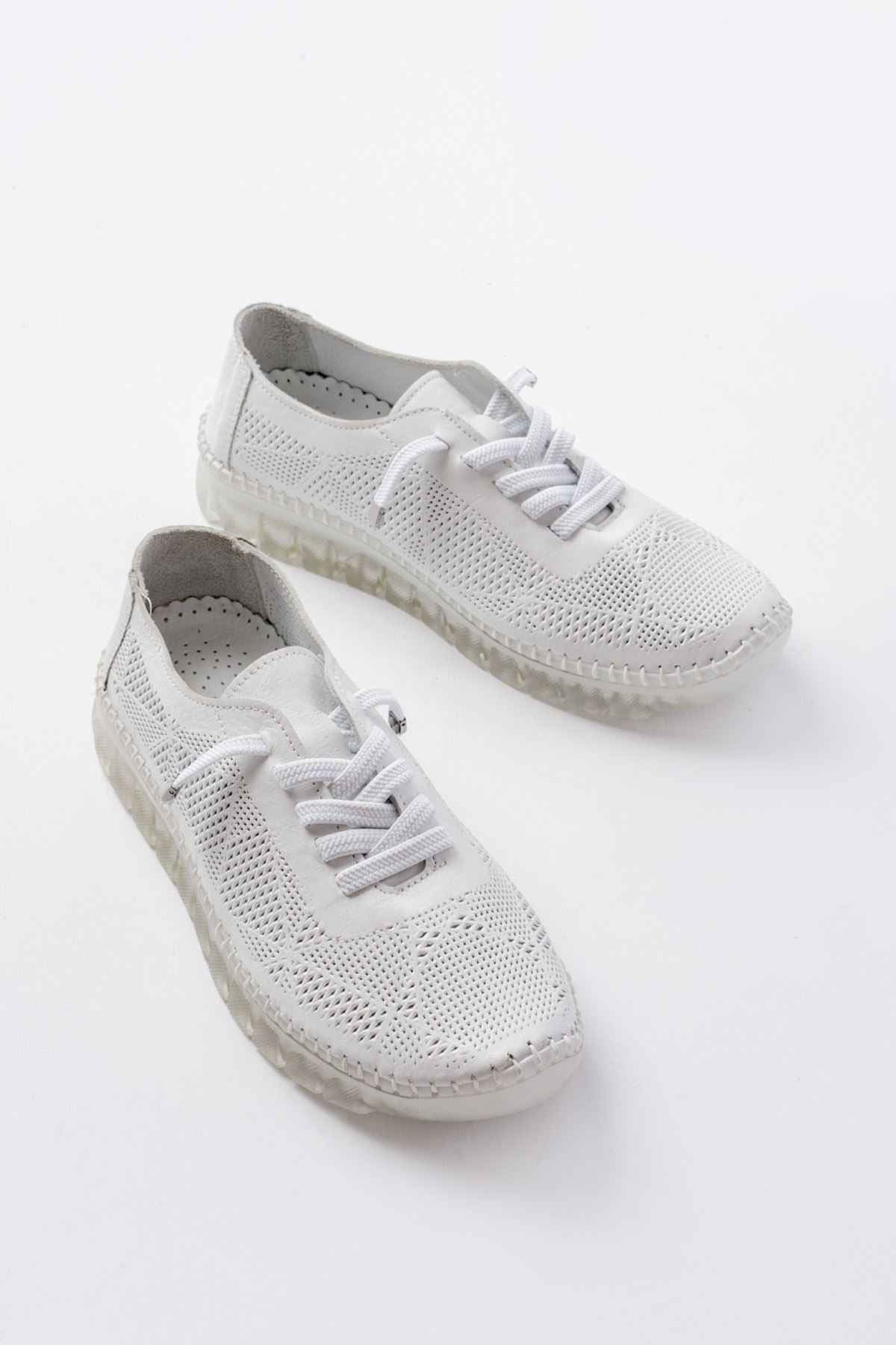 Ayakkabı Aşkı S-365  Beyaz Desenli Hakiki Deri Şeffaf Taban Kadın Spor Ayakkabı
