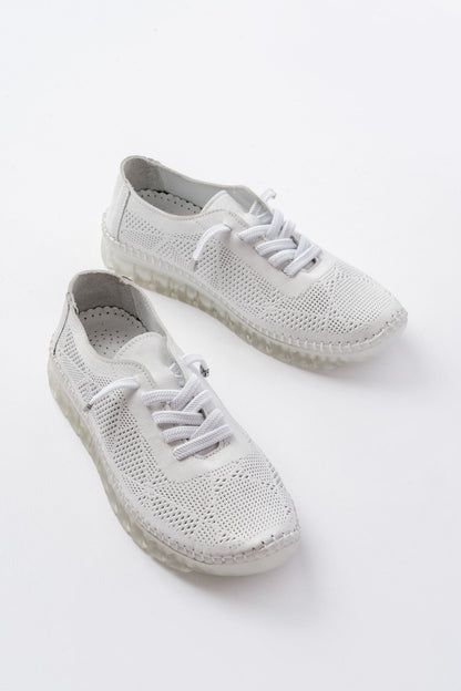 Ayakkabı Aşkı Beyaz Desenli Hakiki Deri Şeffaf Taban Kadın Spor Ayakkabı