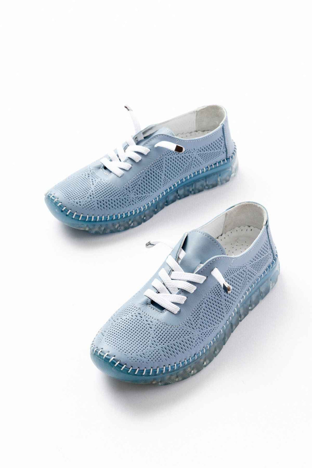 Ayakkabı Aşkı Mavi Desenli Hakiki Deri Şeffaf Taban Kadın Spor Ayakkabı