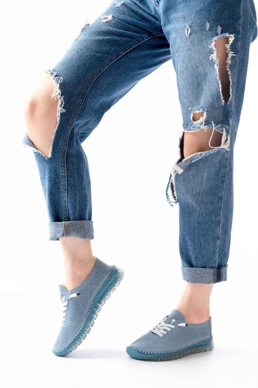 Ayakkabı Aşkı Mavi Desenli Hakiki Deri Şeffaf Taban Kadın Spor Ayakkabı