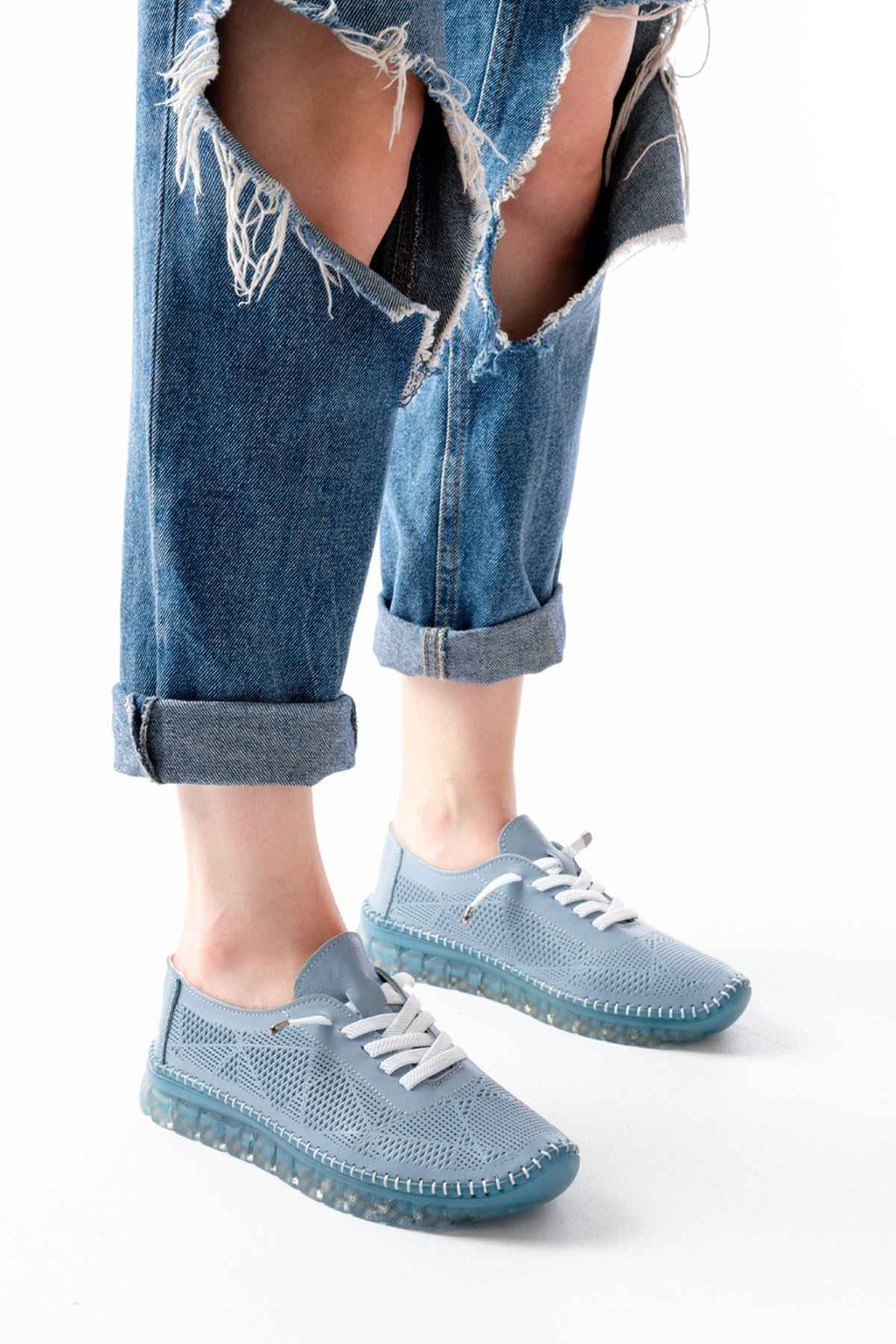 Ayakkabı Aşkı S-365  Mavi Desenli Hakiki Deri Şeffaf Taban Kadın Spor Ayakkabı