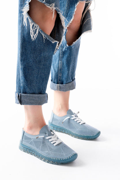 Ayakkabı Aşkı Mavi Desenli Hakiki Deri Şeffaf Taban Kadın Spor Ayakkabı